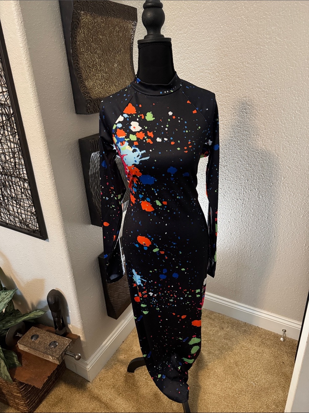 Black Long-Sleeve Maxi Dress with Multicolor Paint-Splash Print